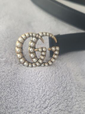 Gucci Black Leather Belt with Pearl-Studded Gold Double G Buckle